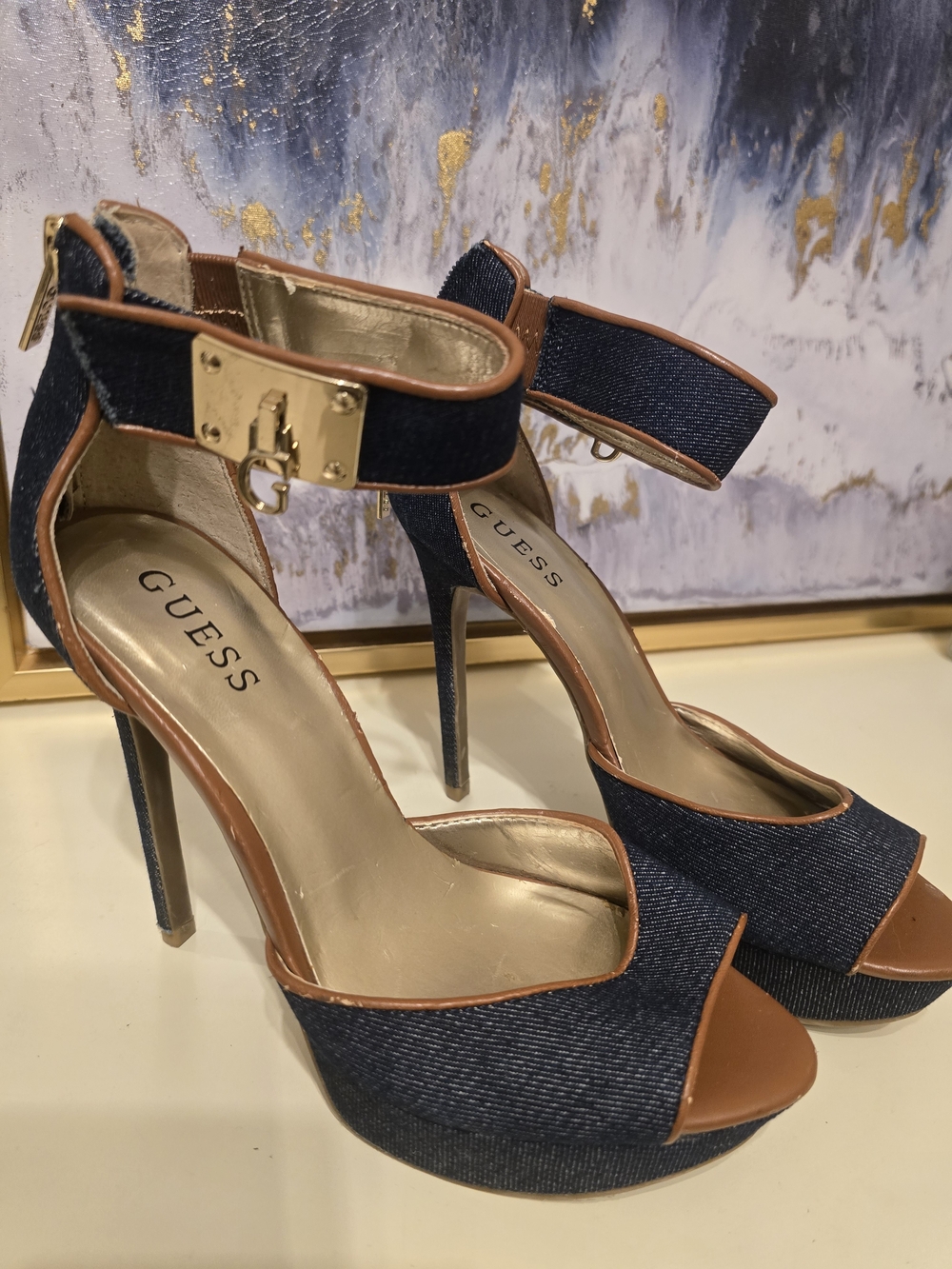 GUESS Denim and Tan Peep-Toe Ankle Strap Heels